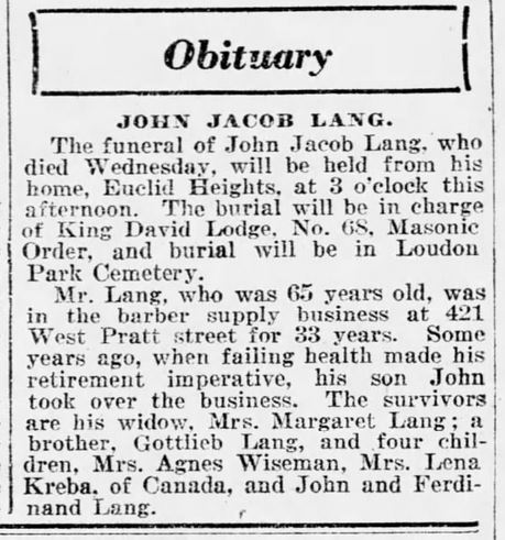 Name:  1920, Sept 17 - The Baltimore Sun, pg 7 - John Jacob Lang obit.JPG
Views: 269
Size:  66.3 KB